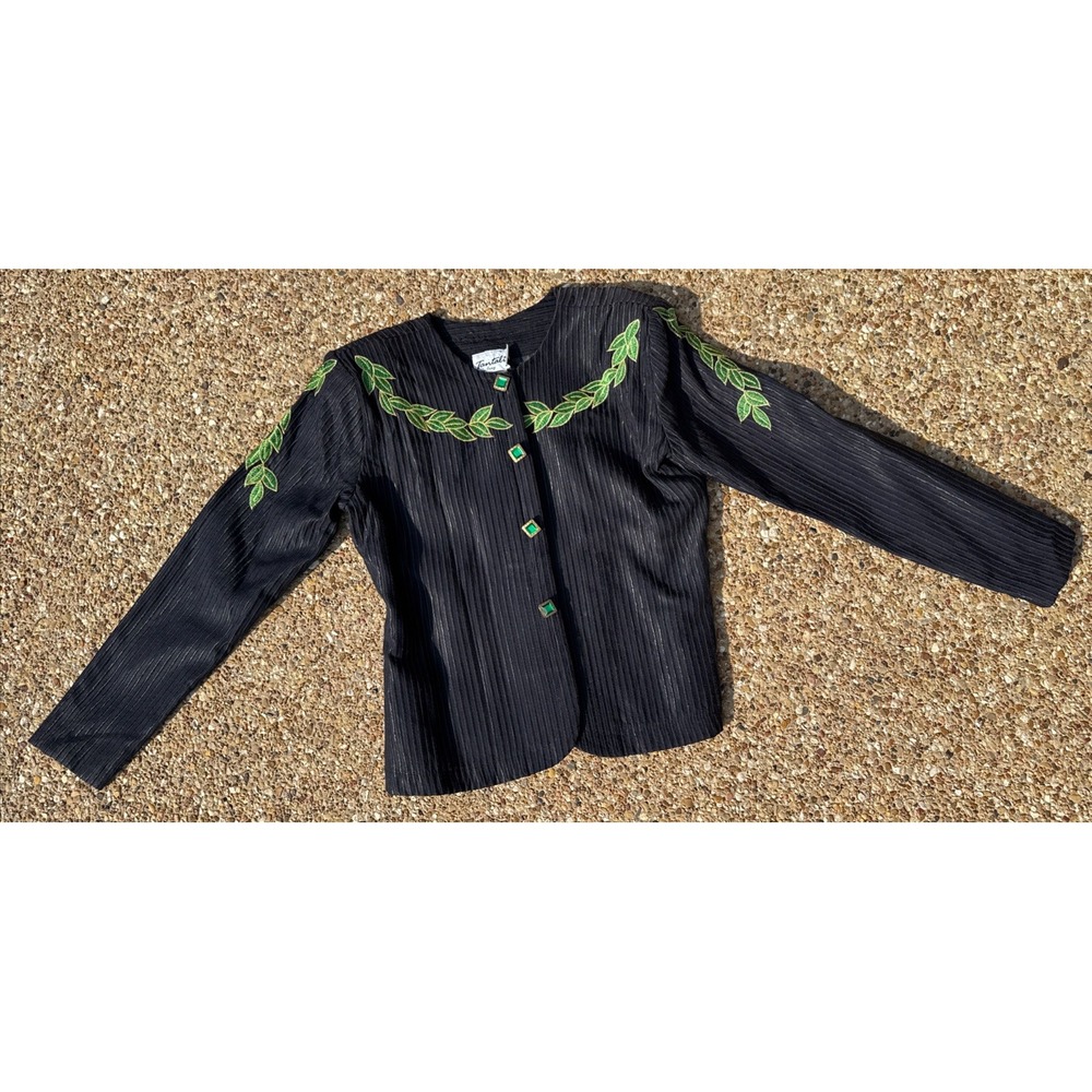 Vintage Jacket Black Embroidered Cropped Blazer Preppy Office Green Rhinestone S